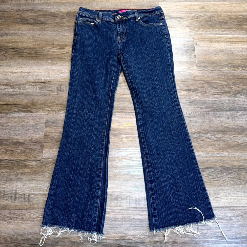 VTG Y2K GLO Mid-Rise Flare Dark Blue Jeans Juniors 5 Frayed Raw Hem Distressed